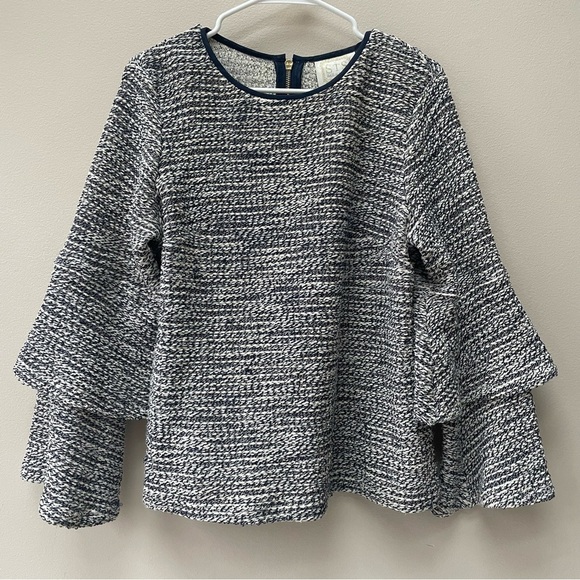 Sail to Sable STS Women’s Textured Navy Ivory Sweater Top Bell Sleeves Size L - Picture 3 of 9